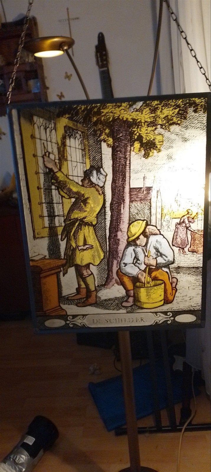 Antiek glas-in-lood paneel 'De Schilder' - 30x23cm, Ophalen of Verzenden