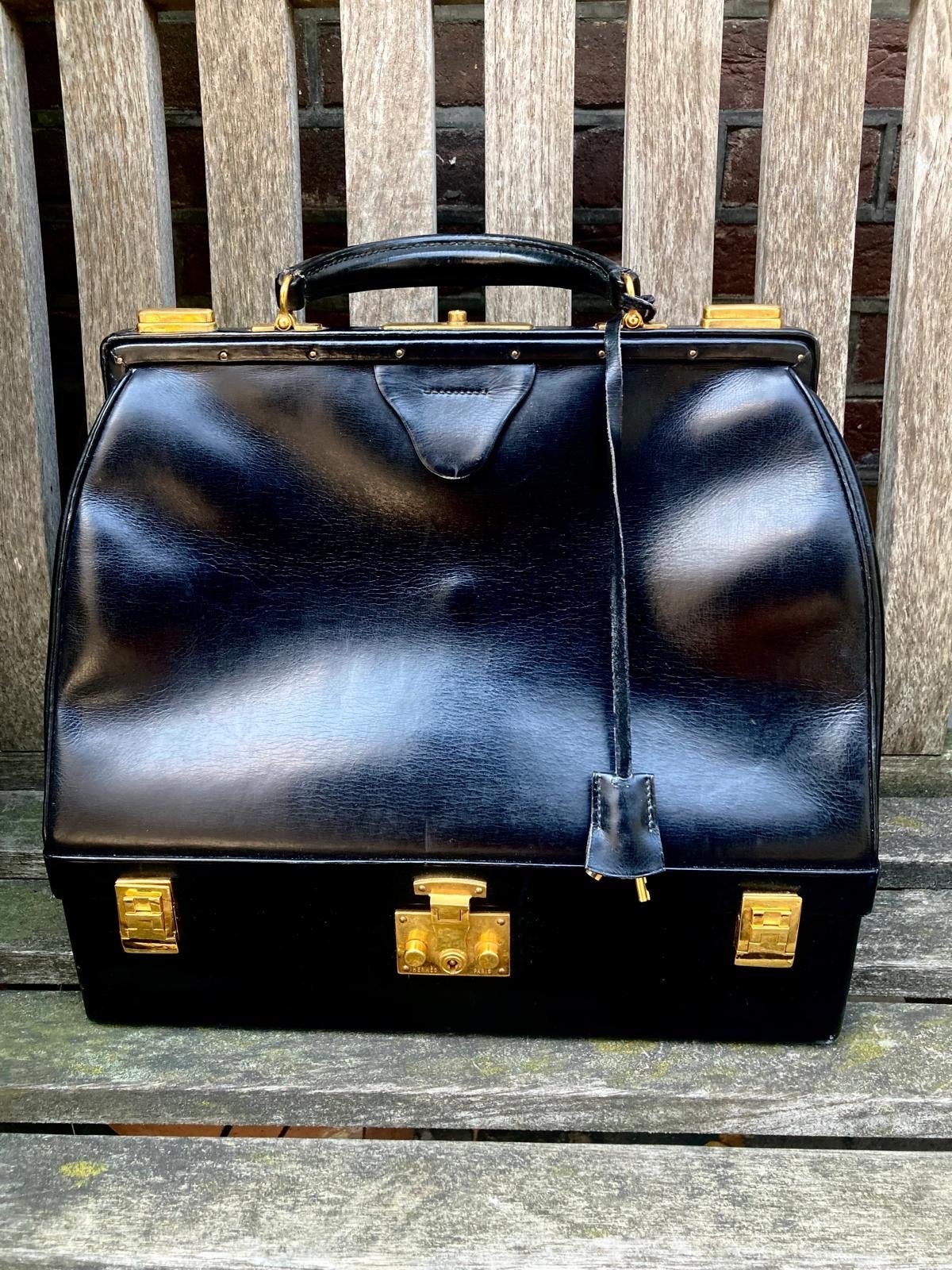 Vintage Hermès ‘ sac Malette ‘ Doctors Bag Zwart Leer, Ophalen of Verzenden, Gebruikt, Zwart, Handtas