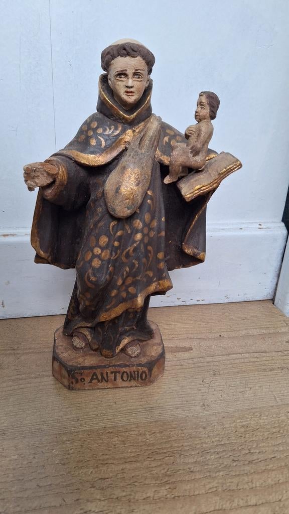 Antieke houten beeldje,  Sint Antonio, Antiek en Kunst, Ophalen of Verzenden