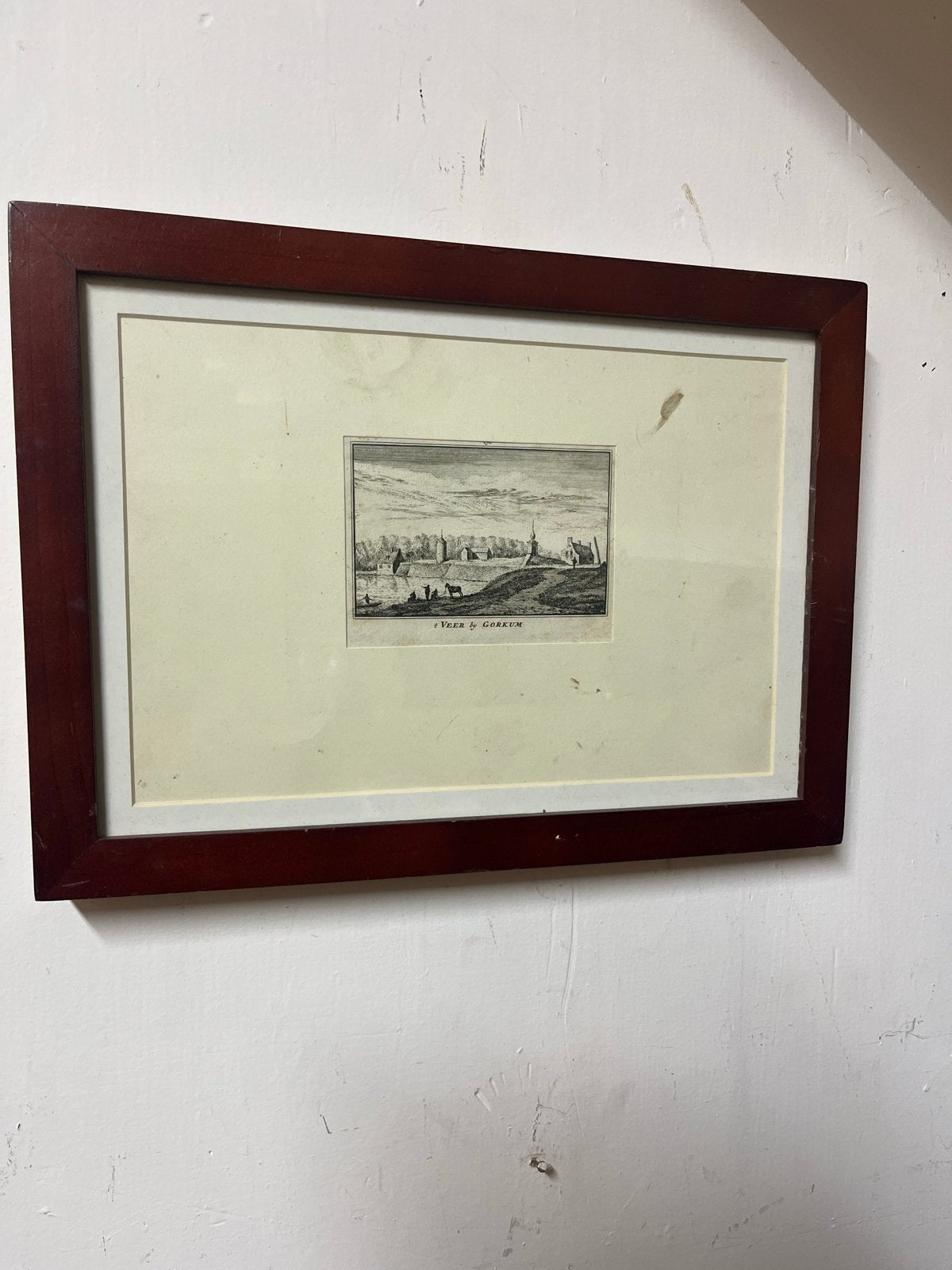 Antieke Gravure: 't Veer by Gorkum (Gorinchem), Ingelijst, 1800 - 1899, Ophalen of Verzenden, Gravure