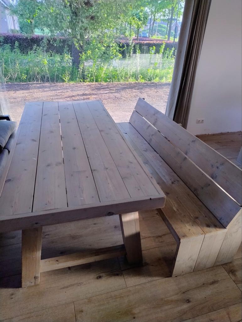 Steigerhouten eettafel en bank - grey wash, Ophalen, Gebruikt, 200 cm of meer, 50 tot 100 cm