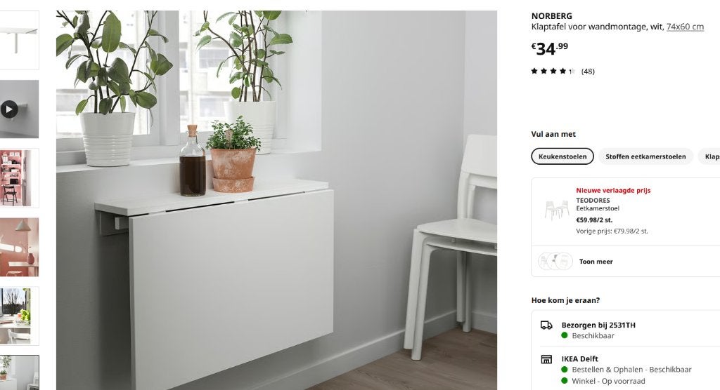 NORBERG Klaptafel voor wandmontage, wit, 74x60 cm, Ophalen, 50 tot 100 cm, Nieuw, 50 tot 100 cm