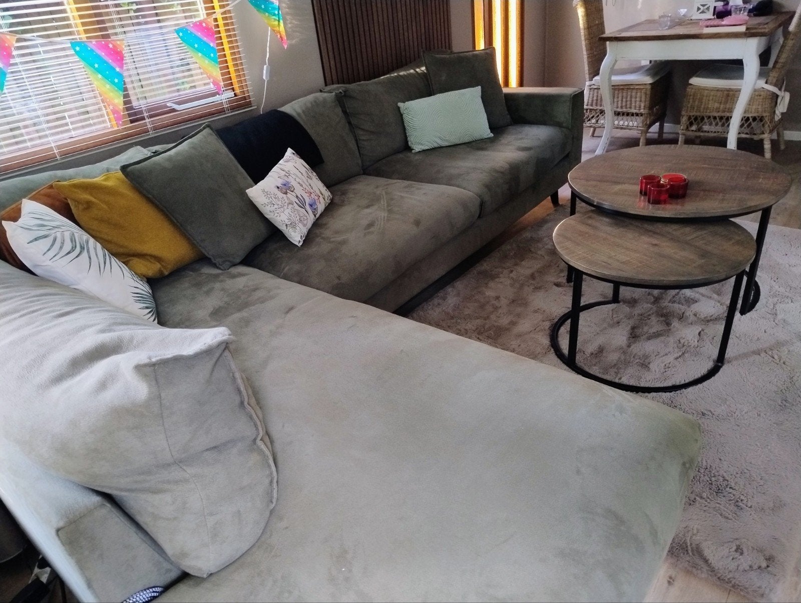 Groene hoekbank met chaise longue, Ophalen, Gebruikt, Stof