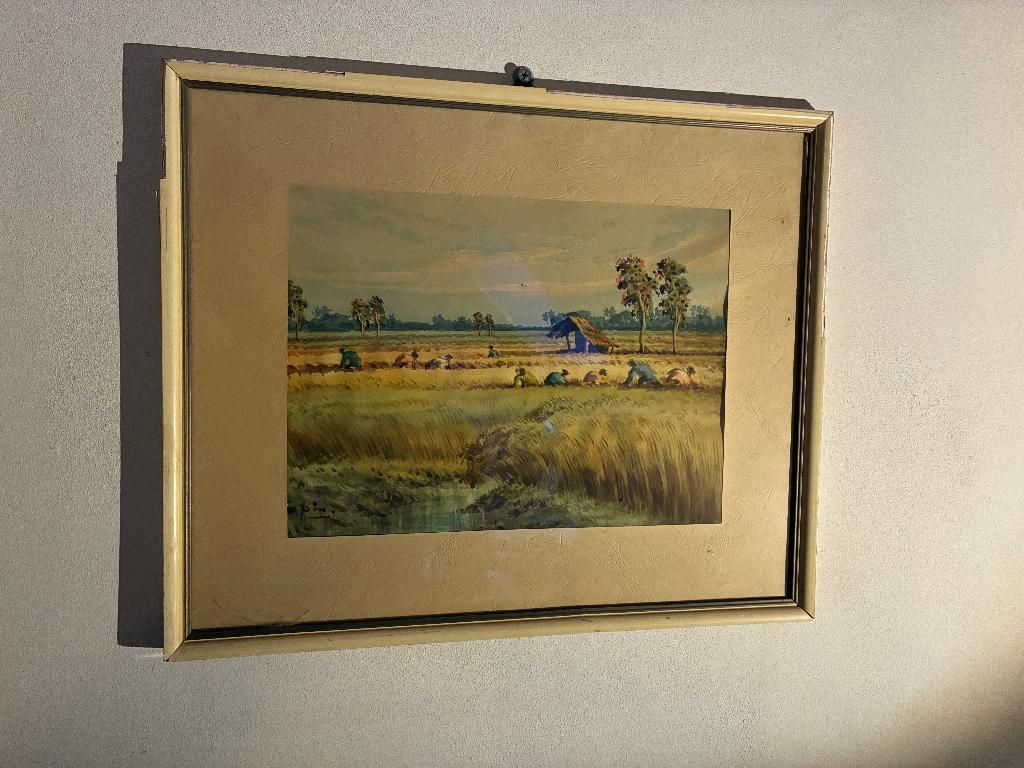 Aquarel Mochtar Apin rijstoogst, Antiek en Kunst, Ophalen of Verzenden