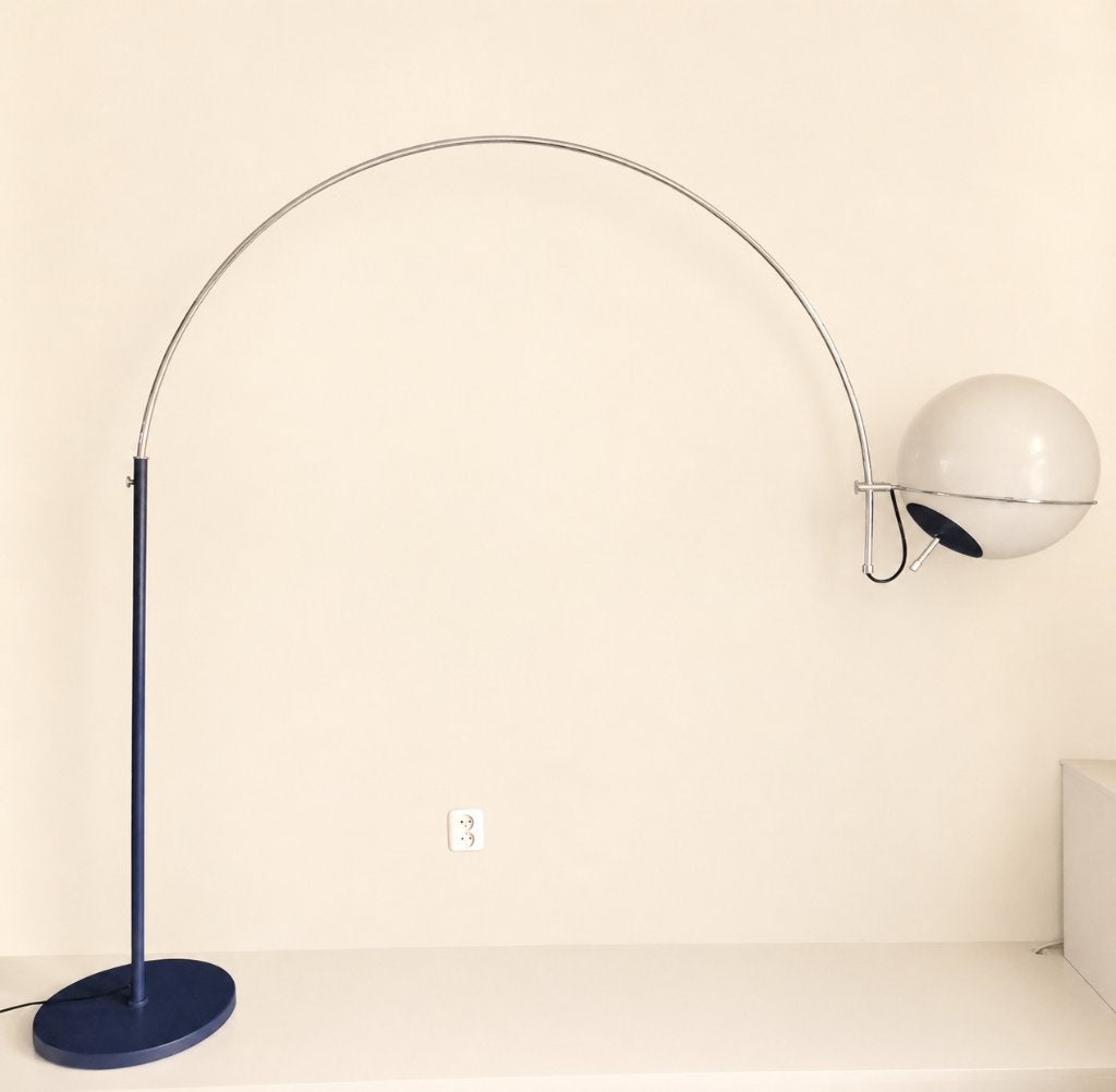 Vintage XL vloerlamp - Booglamp | blauw chrome - Jaren 70, Huis en Inrichting, Lampen | Vloerlampen, -, -, Zo goed als nieuw, Vintage design space age mid century retro