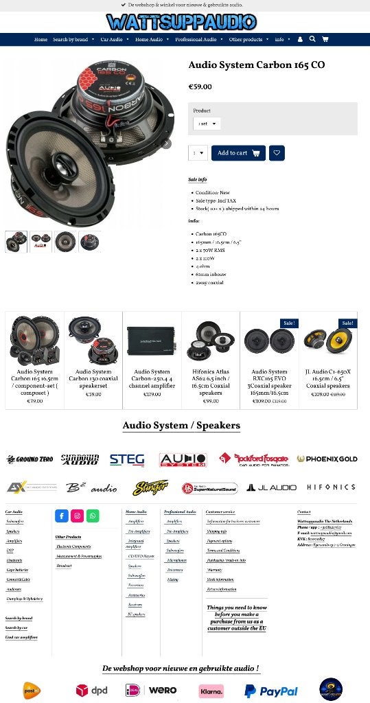 Audio System Carbon 165 CO Coaxial Speakers 6.5'' / 16.5cm, Info@optimount.nl, Nieuw, Ophalen of Verzenden, Anholtseweg 48A 7091 HB DINXPERLO