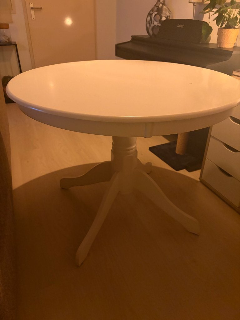 Witte ronde eettafel met klassieke poot, Huis en Inrichting, Ophalen, Gebruikt, 100 tot 150 cm, Rond