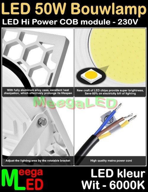 LED Bouwlamp Floodlight 1x 50W COB LED Honingraad Wit-6000k, Ophalen of Verzenden, Nieuw, 50 tot 200 watt, Lamp met armatuur
