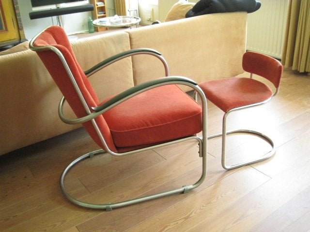 Gispen fauteuil 412 + bijzet stoel terra rood, Ophalen, Minder dan 75 cm, Overige materialen, Zo goed als nieuw