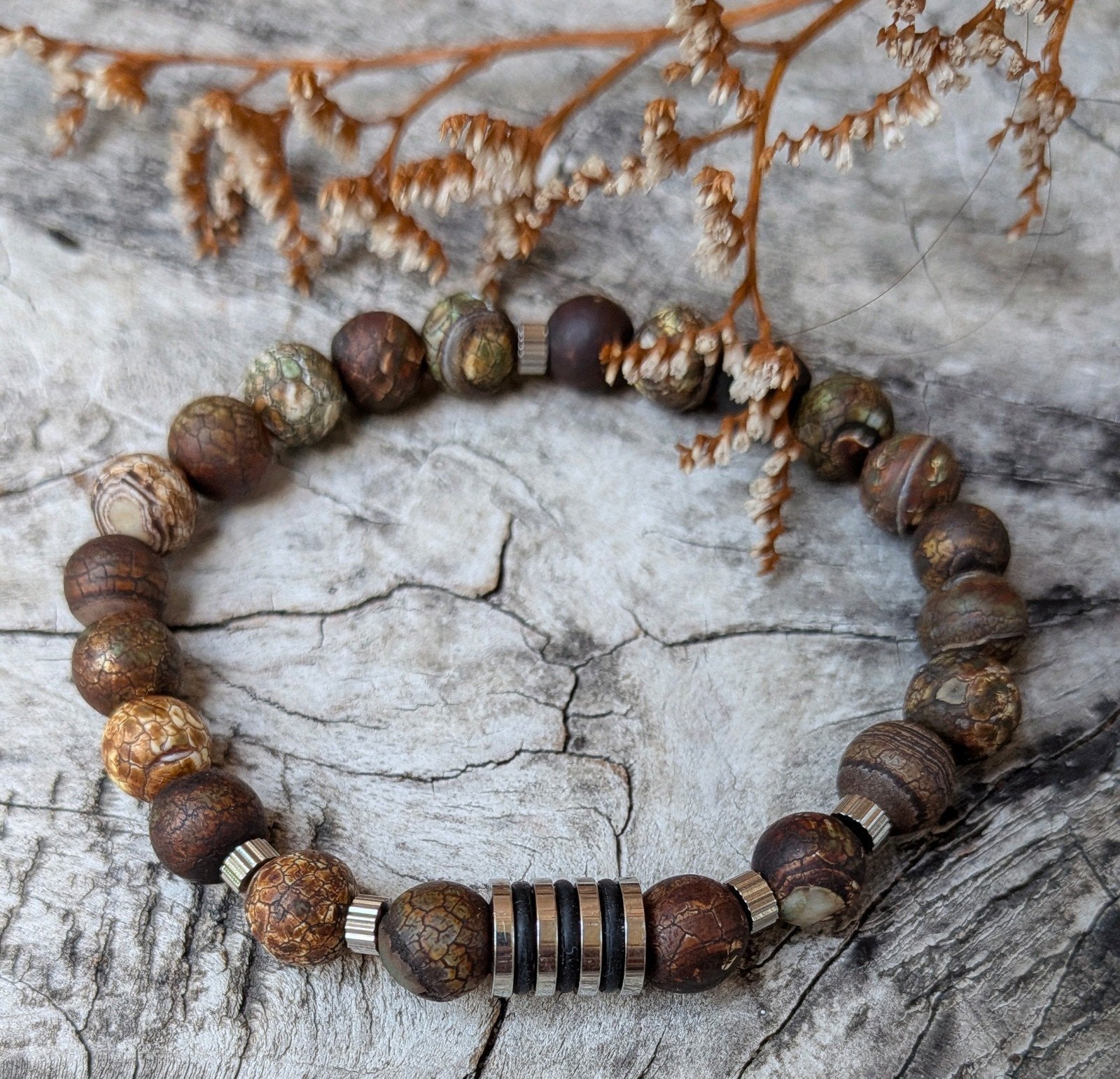Nieuwe 8mm Frosted Agaat herenarmband, Overige materialen, Met bedels of kralen, Bruin, Nieuw