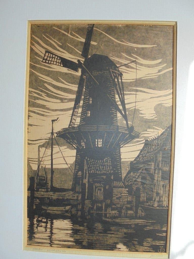 houtsnede Jos Smits, Antiek en Kunst, Kunst | Etsen en Gravures, Houtsnede, Met monogram, Stadsgezicht, 1950 - 1999, Ophalen of Verzenden