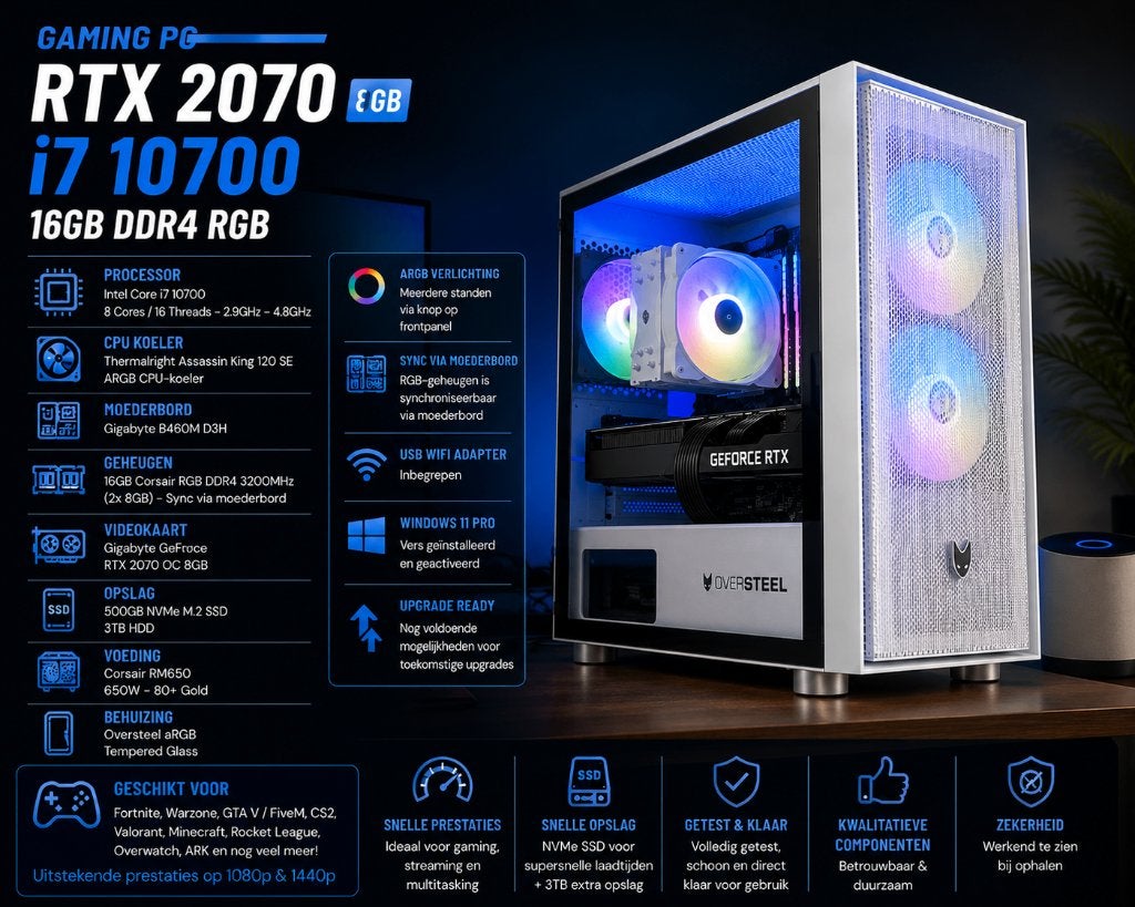 Gaming PC | RTX 2070 8GB | i7 10700 | 16GB DDR4 RGB |, 3+ TB, Refurbished, Ophalen of Verzenden, Gaming