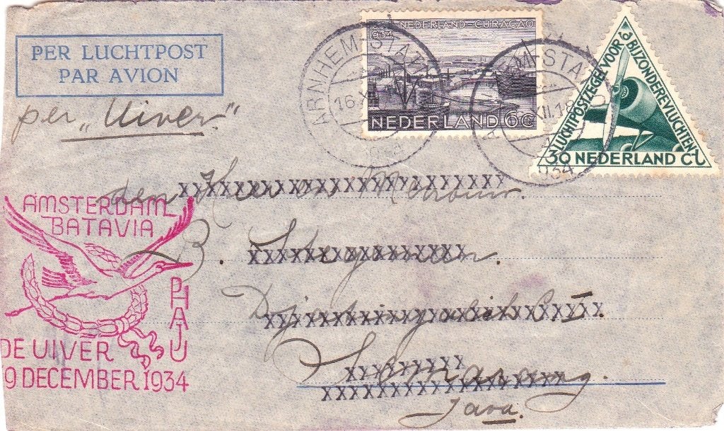 AMSTERDAM   -  BATAVIA    DE UIVER   9 DECEMBER 1934, Ophalen of Verzenden, Envelop