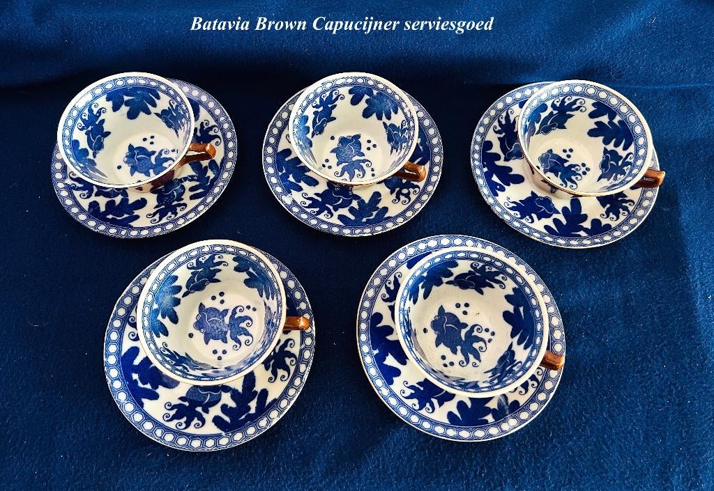 5 Kop & Schotels Batavia Brown Karper Capucijner serviesgoed, Antiek en Kunst, Antiek | Servies los, Ophalen