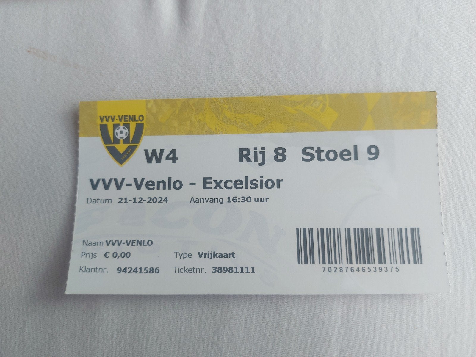 Ticket VVV-Venlo - Excelsior 21-12-2024, Tickets en Kaartjes, Eén persoon, December