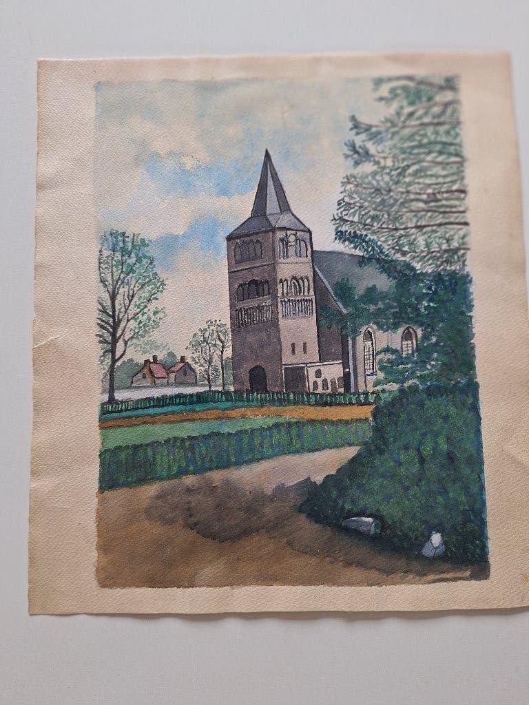 Aquarel van de Dorpskerk, Ophalen, Minder dan 50 cm, Oorspronkelijke maker, Zo goed als nieuw