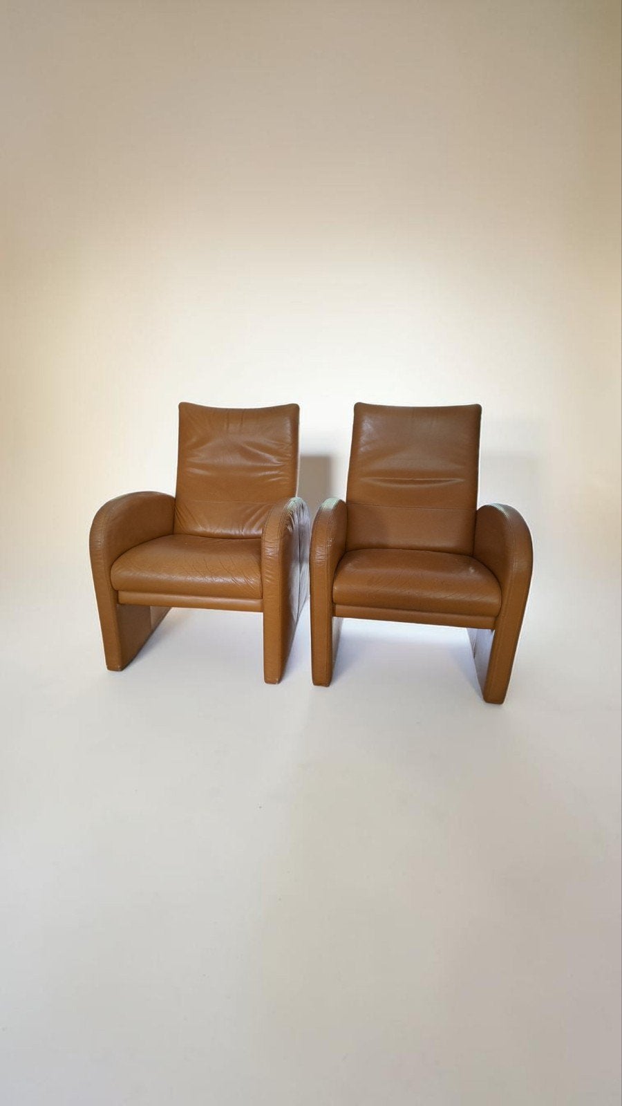 2 camel / cognac leren fauteuils - set van 2, Huis en Inrichting, Ophalen, Gebruikt, 50 tot 75 cm, Leer