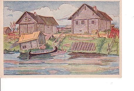 Ansichtkaart 	Huizen aan de rivier	Oost-Karelië (Rusland), Verzenden, 1940 tot 1960, Ongelopen, Gebouw