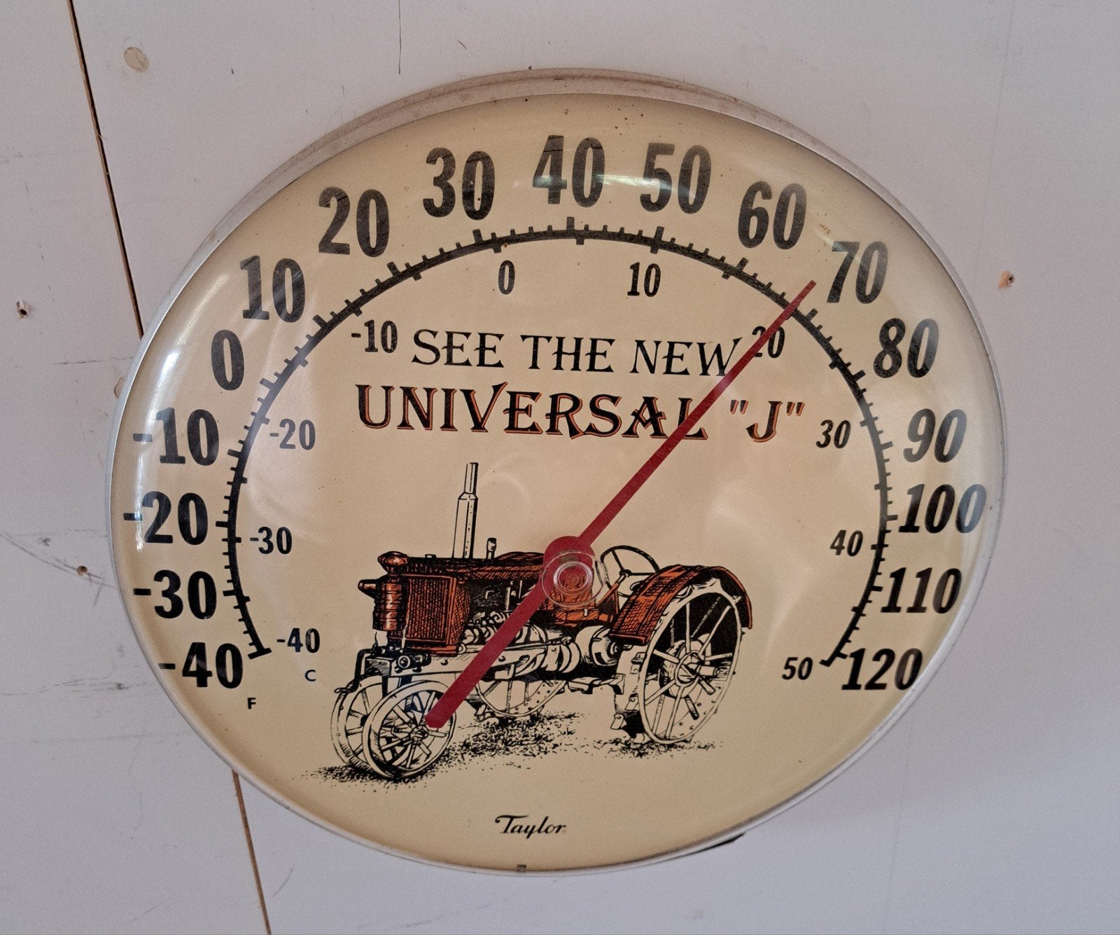 Vintage Taylor Thermometer "Universal J" Tractor, Buitenthermometer, Gebruikt, Taylor Instruments, Metaal