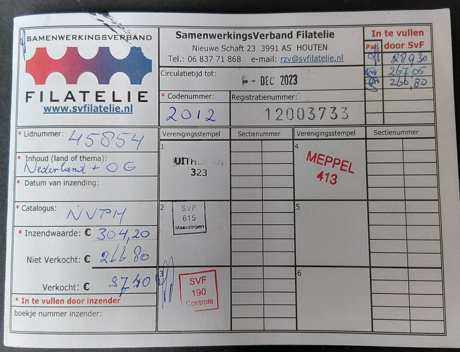 Rondzendboekje Nederland+OG met een restwaarde van E266.80, Verzenden, Gestempeld
