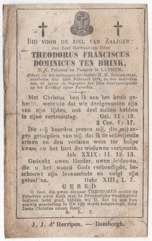 pastoor Theodorus ten Brink 1835 Amersfoort - 1884 Lathum, Verzenden