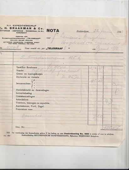 Braakman expeditie Rotterdam factuur 1943, Verzamelen, Ophalen of Verzenden, Zo goed als nieuw, Overige typen