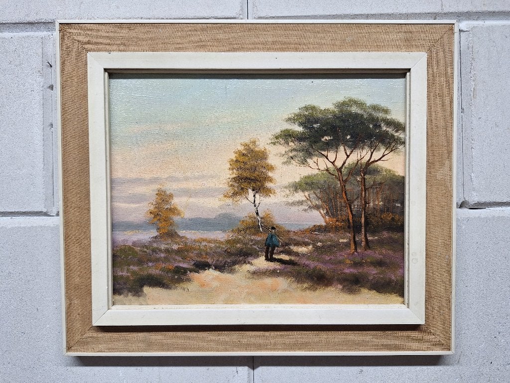 Schilderij: Landschap met eenzame wandelaar, Doek, Realistisch, Ophalen of Verzenden, Landschap