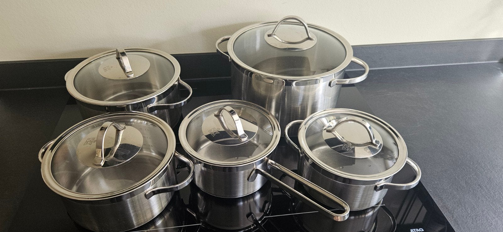 BK Pannenset - 5-delig RVS met glazen deksels, Gebruikt, BK, Pannenset, Ophalen of Verzenden