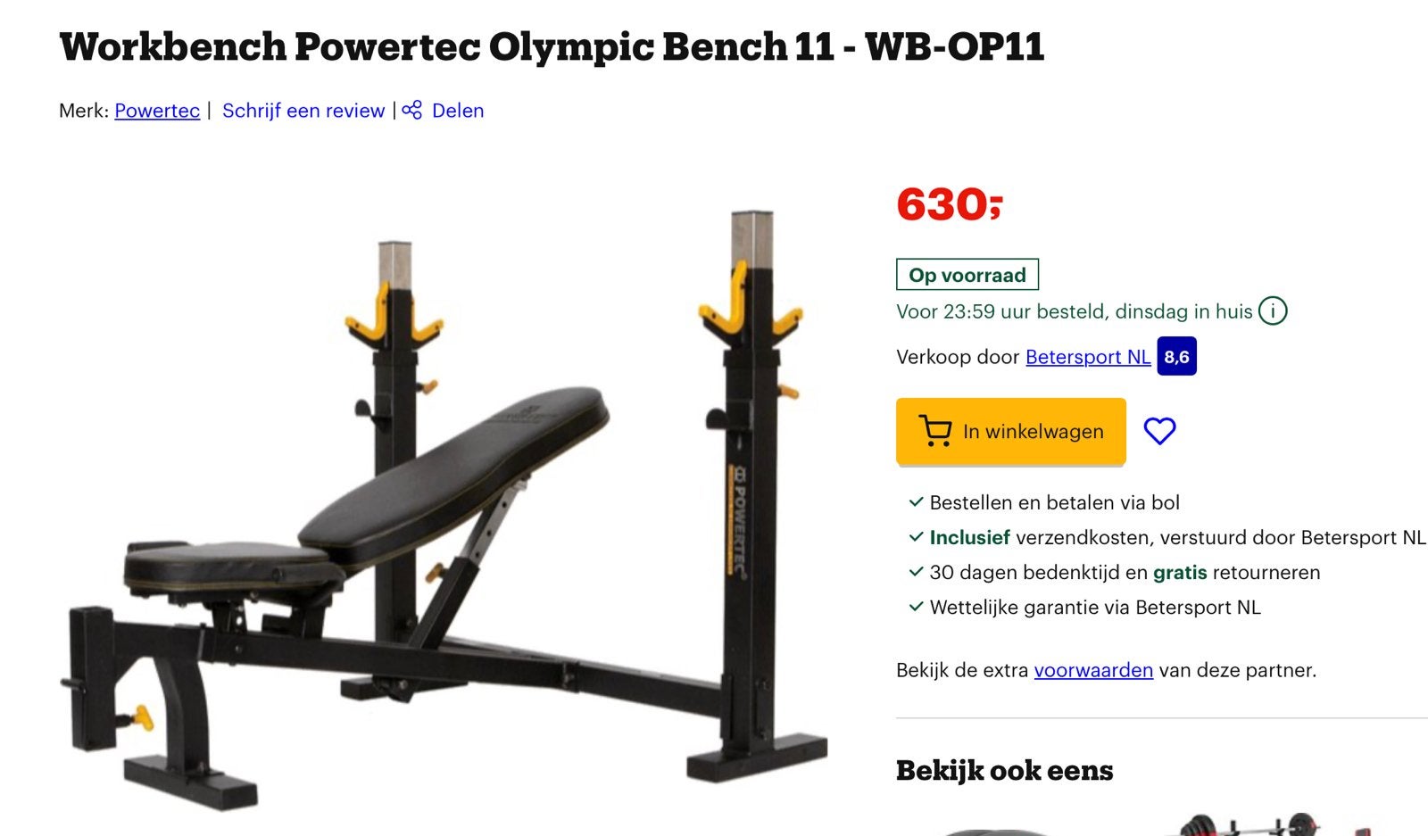 Powertec Olympic Bench 11 - WB-OP11 Fitnessbank, Ophalen, Zo goed als nieuw, Borst, Fitnessbank