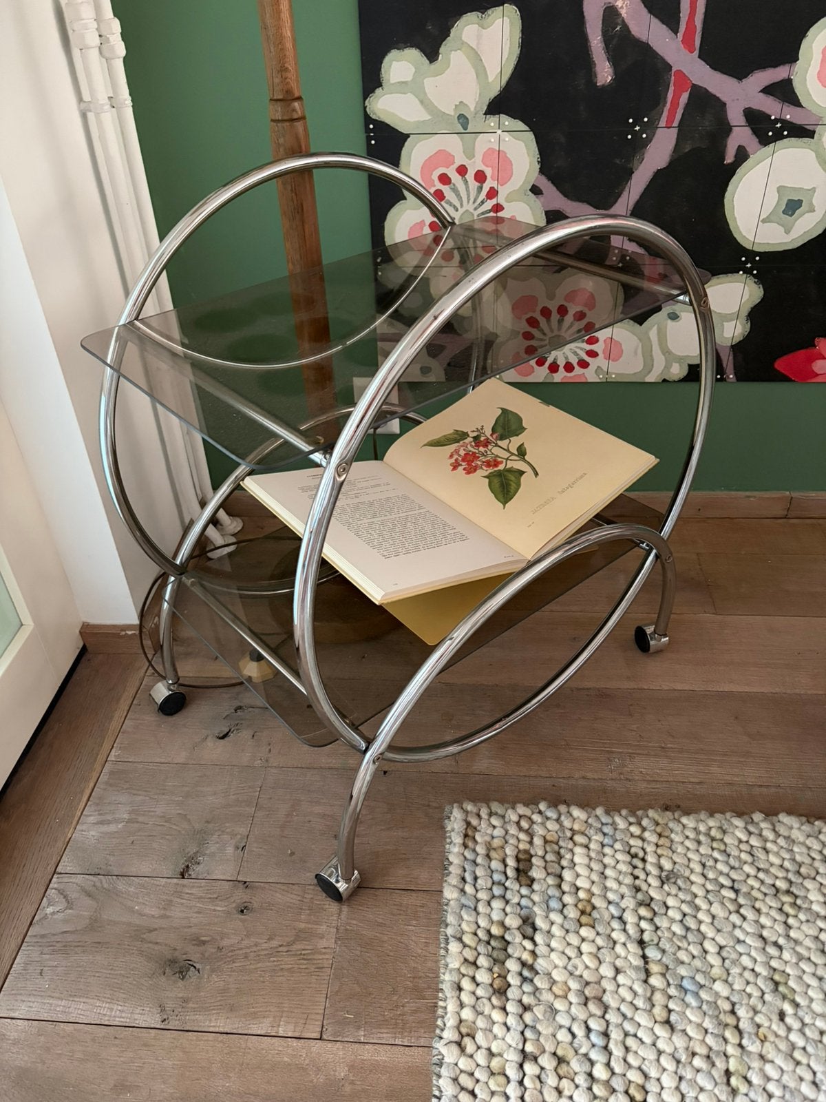 Vintage trolley in chroom en rookglas van Ikea, Zweden 1970, Ophalen, Minder dan 55 cm, Rond, 60 cm of meer