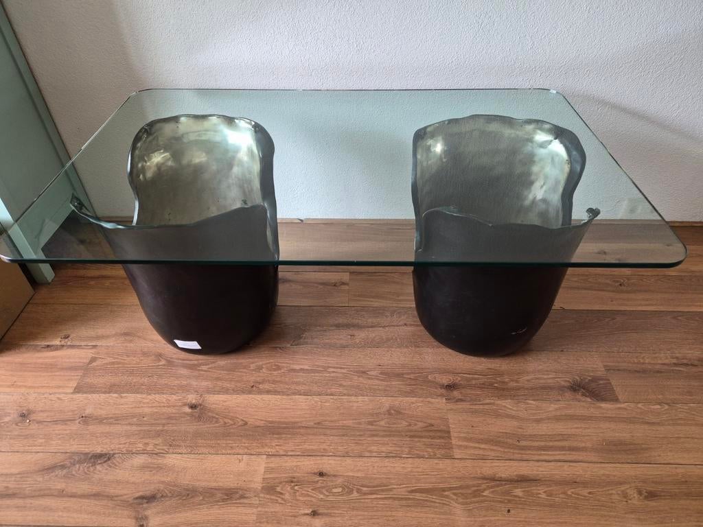 Design salontafel: glas met voeten van brons(42kg)., .., Gebruikt, 100 tot 150 cm, 50 tot 100 cm