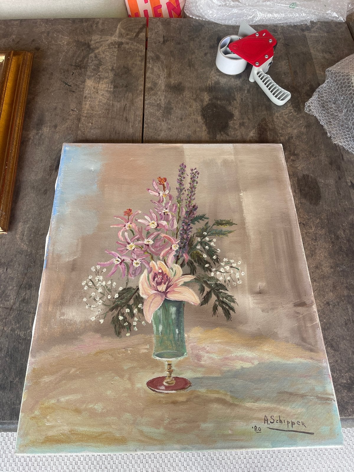 Schilderij bloemenstilleven A. Schipper, gedateerd '80, Gedateerd, Doek, Realistisch, Olieverf