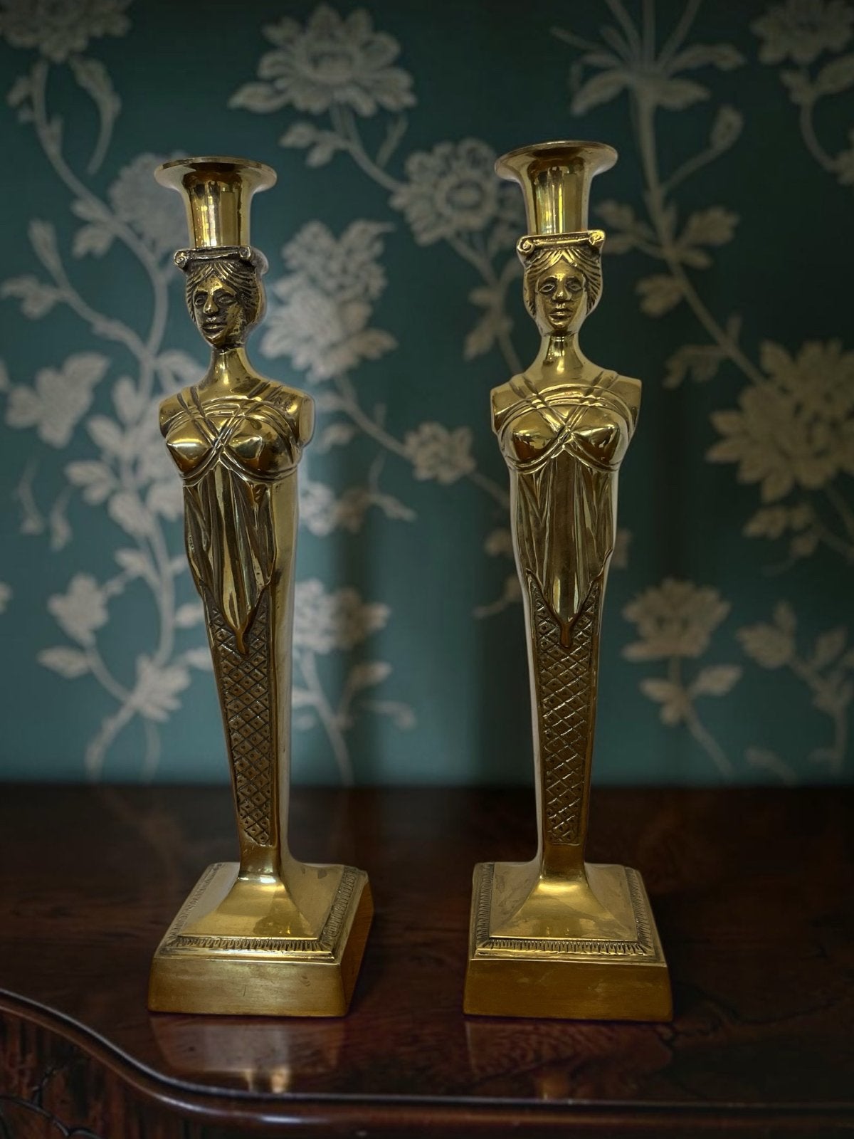 Vintage Empire Stijl Messing Kandelaars - Set, Ophalen of Verzenden, Koper of Brons