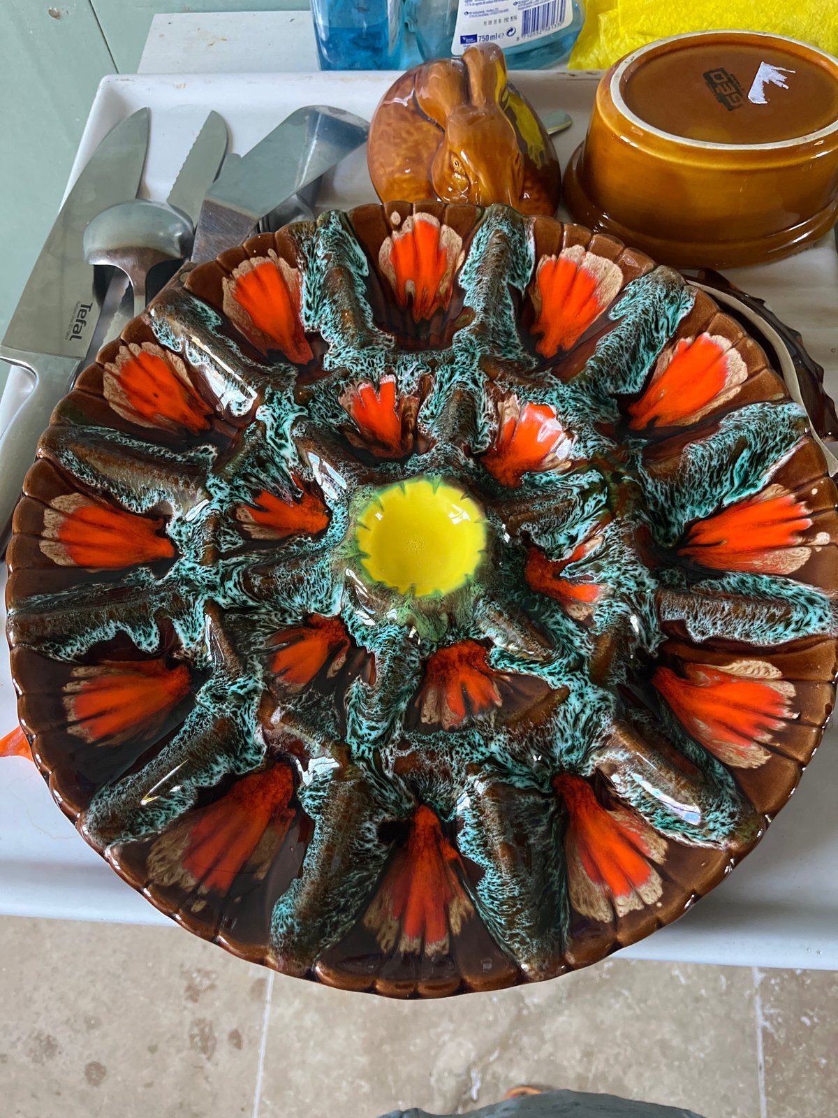 Vintage Aardewerk Oesterschaal - Oranje/Groen/Geel, Ophalen of Verzenden