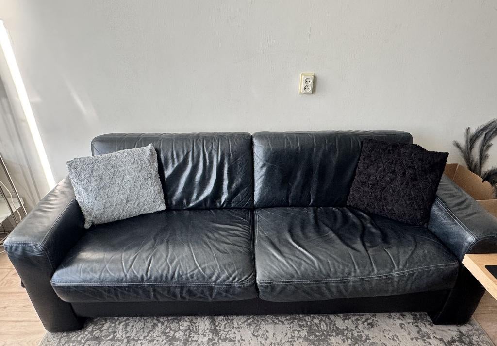 GRATIS Zwart leren 3zits bank, Ophalen, Gebruikt, Driepersoons, 200 tot 250 cm