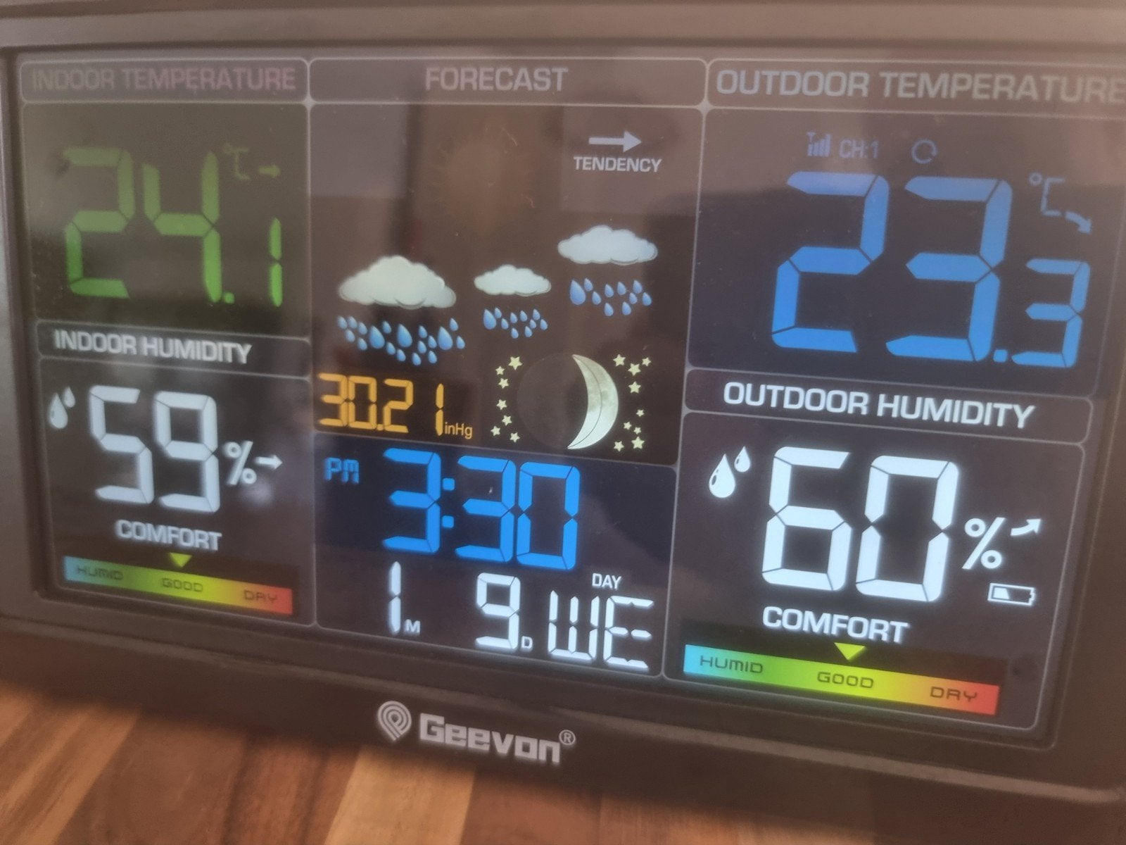 Geevon Weerstation met Binnen/Buitentemperatuur en kl0k, Ophalen of Verzenden, Gebruikt, Weerstation