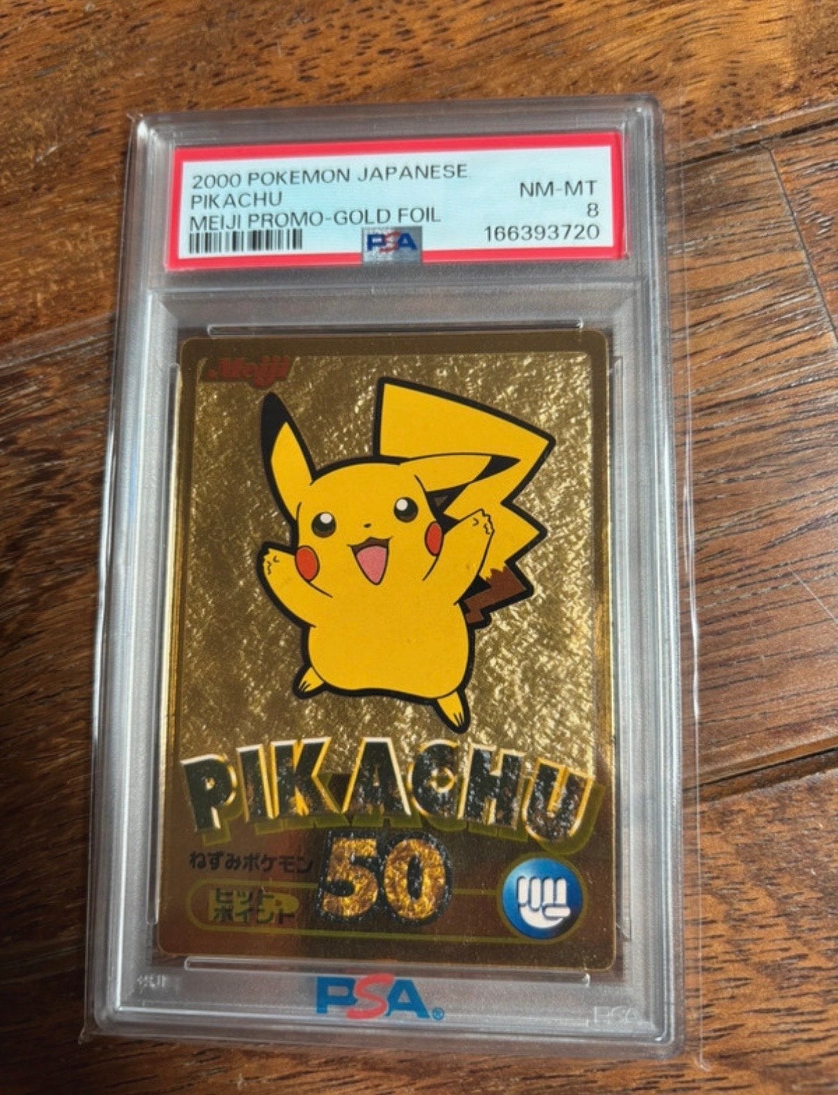 2000 Japanse Pikachu Meiji Promo Gold Foil PSA 8, Ophalen of Verzenden, Zo goed als nieuw, Losse kaart, Foil