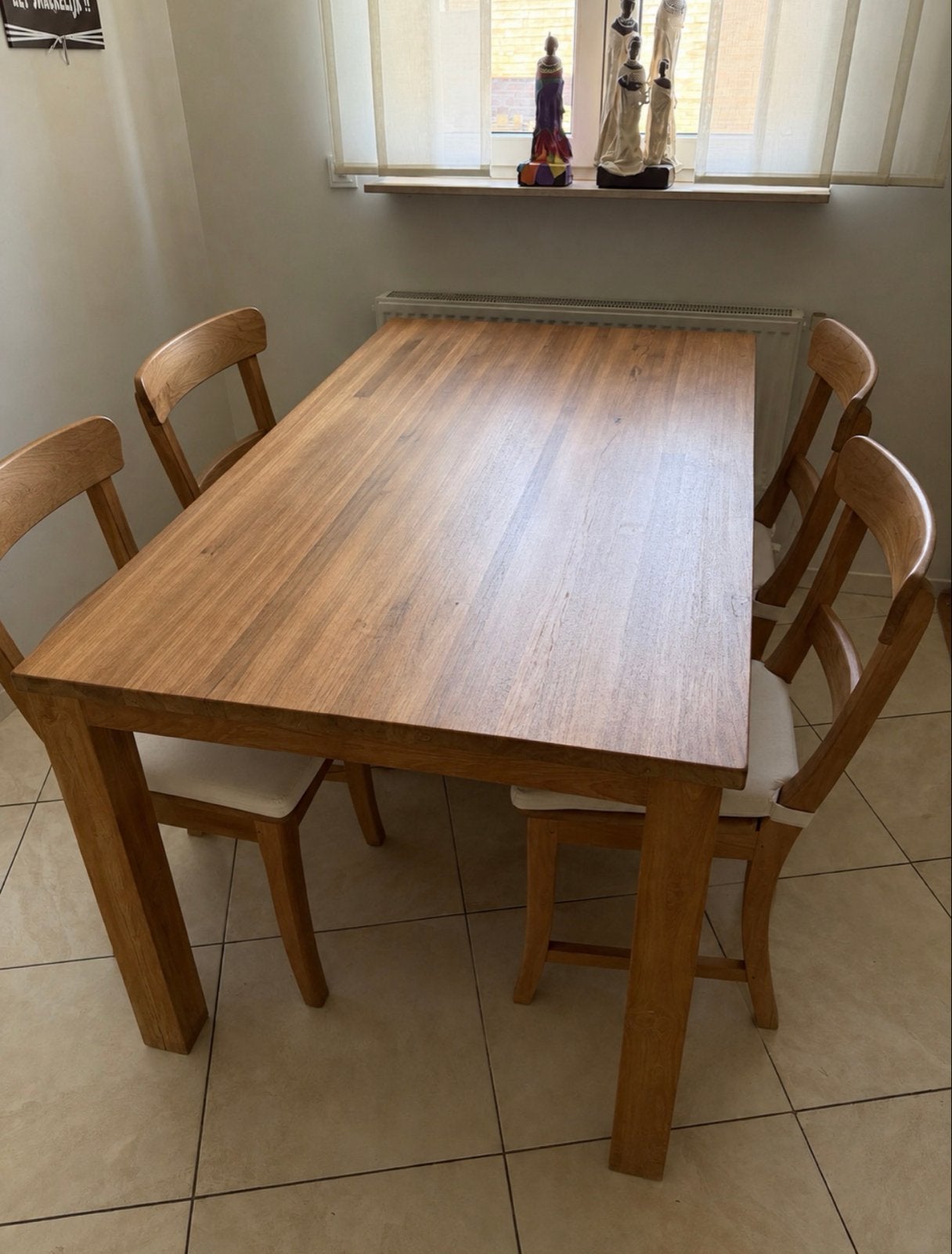 Teak houten eettafel met 4 stoelen, Ophalen, Gebruikt, 100 tot 150 cm, 50 tot 100 cm