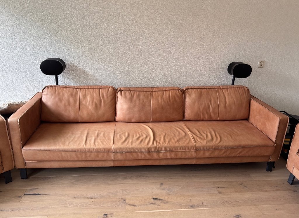 Het Anker 5-zits leren bank – Walnut, Ophalen, 250 tot 300 cm, Zo goed als nieuw, Rechte bank