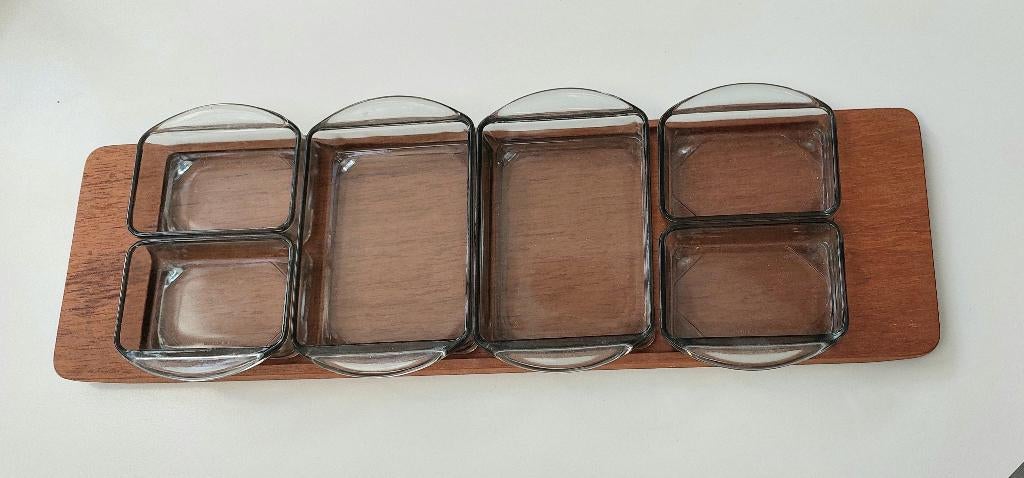 Wiggers/Holmegaard Denemarken Teak Tray met Glazen schalen, Antiek en Kunst, Ophalen of Verzenden