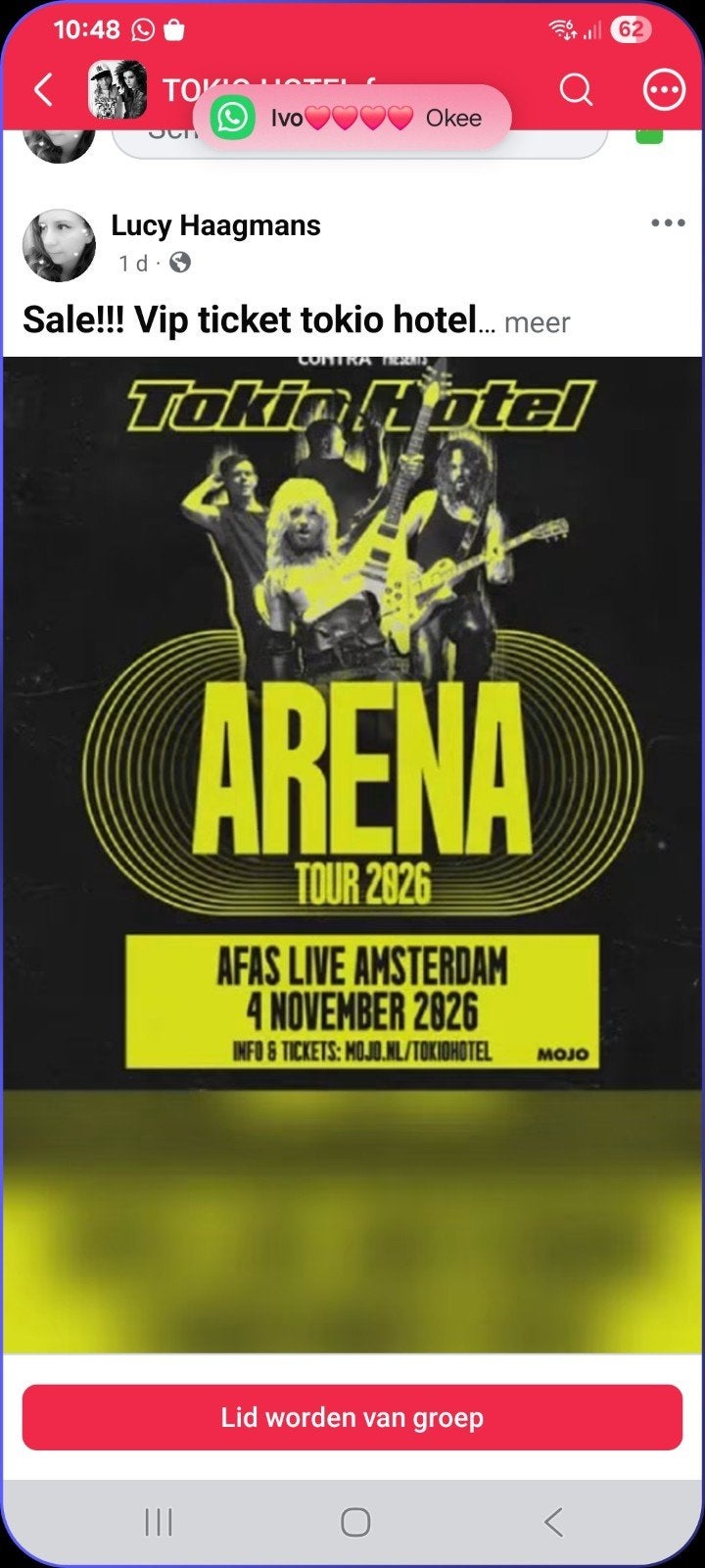 vip tokio hotel ticket PRIJS VERLAAGD, Tickets en Kaartjes, Eén persoon