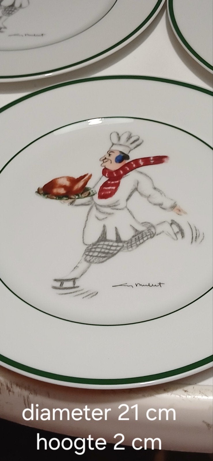 Set van 6 dinerborden met schaatsende koks, Huis en Inrichting, Ophalen, Gebruikt, Porselein, Bord(en)