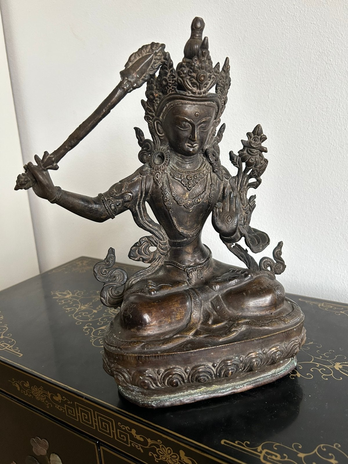 Bronzen Manjushri Bodhisattva met dichte onderkant, Ophalen of Verzenden, Zo goed als nieuw
