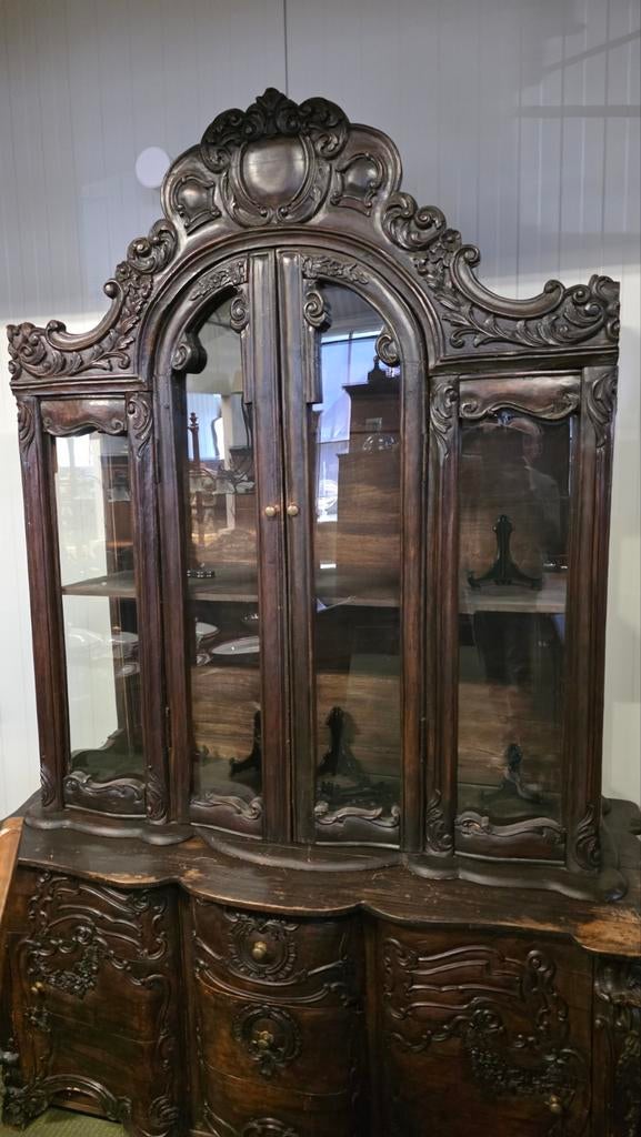 Antieke 19e-eeuwse rijk bewerkte vitrinekast, Ophalen of Verzenden