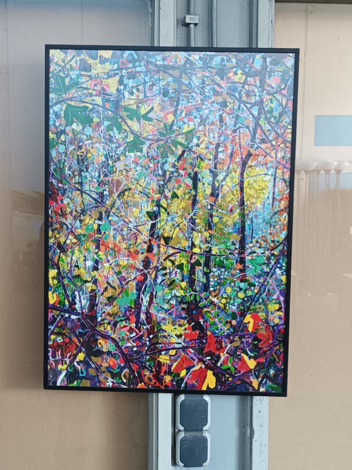 Kleurrijk Abstract Boslandschap Schilderij, Acrylverf, Overige materialen, Ingelijst, Landschap