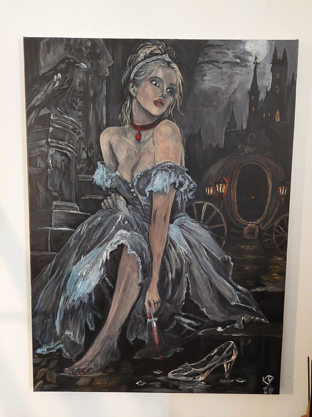 Sinderella - Handgeschilderd Acryl op Canvas (55x75 cm), Antiek en Kunst, Ophalen of Verzenden, Gesigneerd, Textiel, Figuren