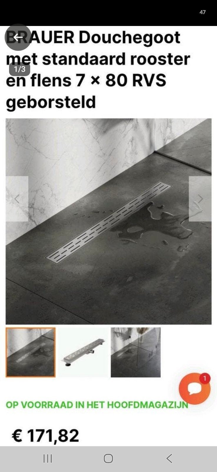 Brauer Douchegoot 800mm RVS geborsteld, Ophalen, Nieuw, Rvs, Douche