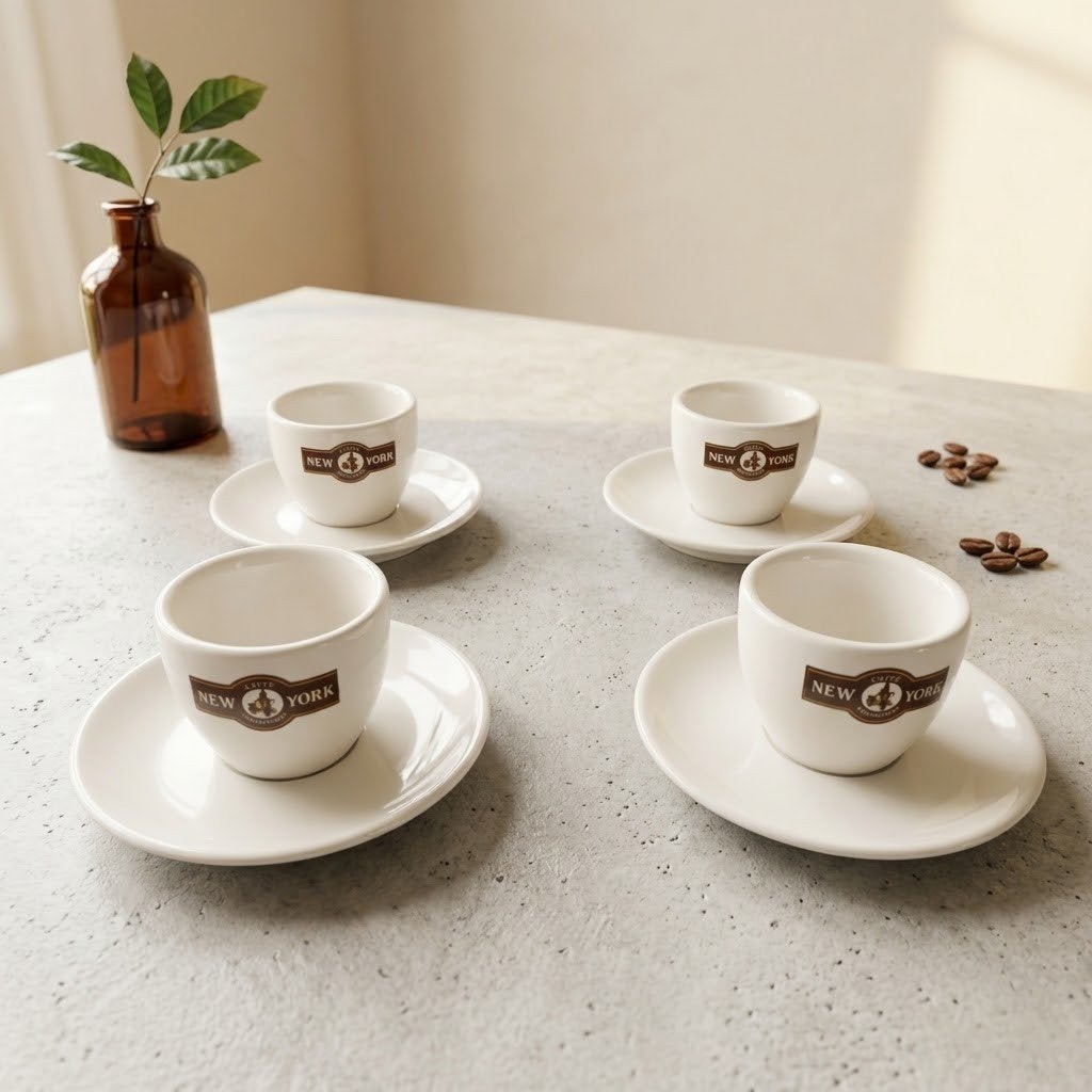 Espresso kopjes met schotels - New York Caffe d'AnCap, Huis en Inrichting, Overige merken, Keramiek, Ophalen of Verzenden, Zo goed als nieuw