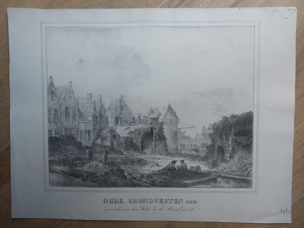 10 Oude Grondvesten bij Weerdpoort Utrecht Steendruk 1830, Antiek en Kunst, Gesigneerd in de plaat, Ophalen of Verzenden, Kaarten en plattegronden