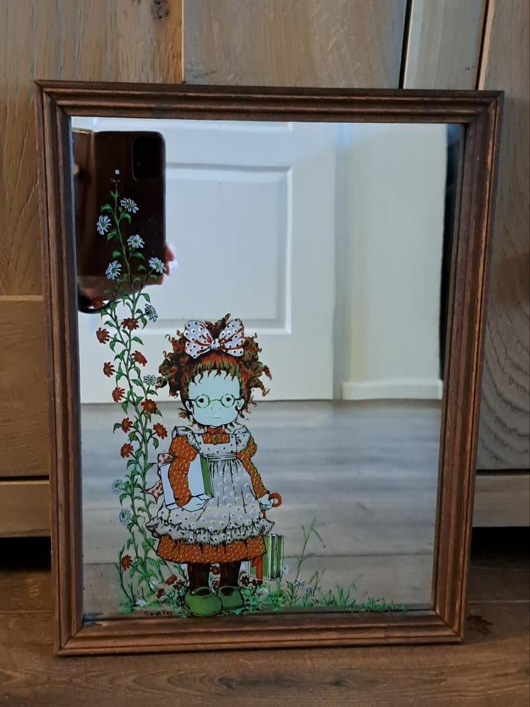 Vintage spiegel met Sarah Kay afbeelding 33 bij 25 cm, Ophalen of Verzenden, Gebruikt